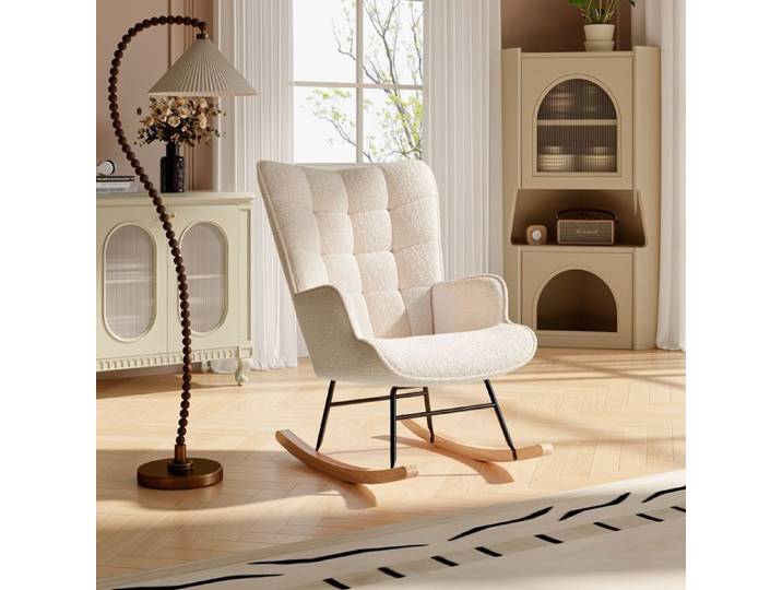 92x75x69 cm Chaise à bascule en velours beige chaise de loisirs avec cadre en bois massif et coussin souple chaise ergonomique