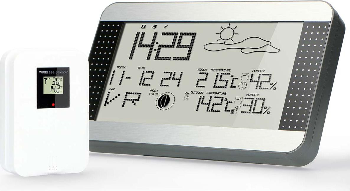 Alecto WS-1700 Binnen- en buitenvochtmeter met barometer en thermometer, Zwart/Zilver