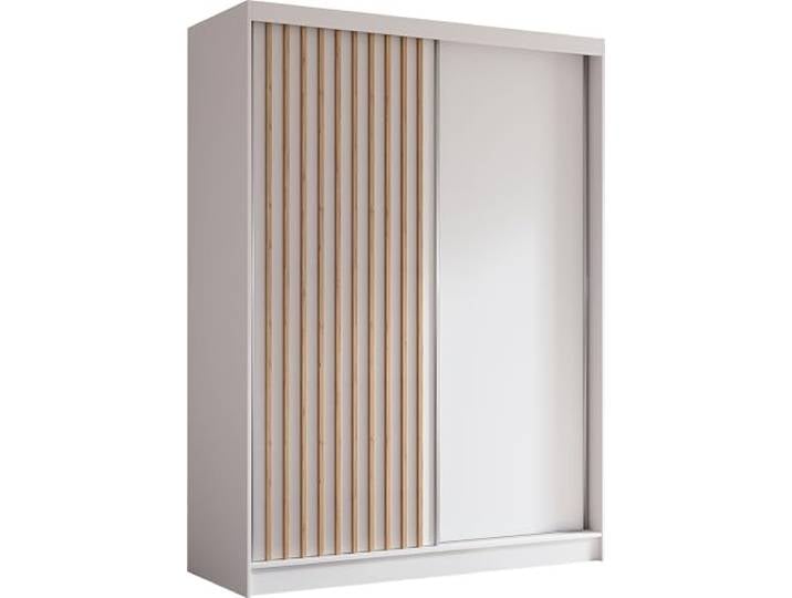 AXLIVING Cabinio Kleiderschrank 160 cm Weiß mit Artisan-Lamellen Schwebetüren für platzsparendes Design. ABS-Kanten. Kleiderstange. Maße: Breite 160 cm, Tiefe 61 cm, Höhe 216 cm.