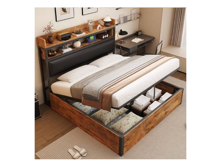 REDOM Polsterbett Hydraulikbett mit USB & Stauraum, Polsterbett Metall-Holz (Stauraumbett für Paare, Apartments & moderne Schlafzimmer, 180x200 cm), ohne Matratze