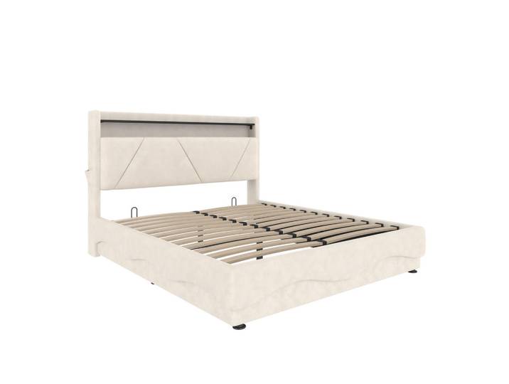 ComfortXL Stauraumbett 160/200 cm De-03586, mit Led, Gasdruck-Lattenrost und Seitentaschen, in Beige, Metall, 160x200 cm, Schlafzimmer, Betten