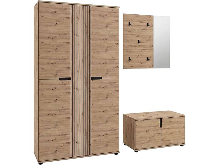 Garderoben-Set GOODPRODUCT FJELL, 3-teilig, Breite 199cm, Front mit hochwertiger Längsfräsung , artisan eiche nachbildung, B:199cm H:191cm T:37cm, Holzwerkstoff, Kastenmöbel-Sets, Garderoben-Set, Garderobenkombination, Kombination, Set, Garderobe, Flurgarderobe