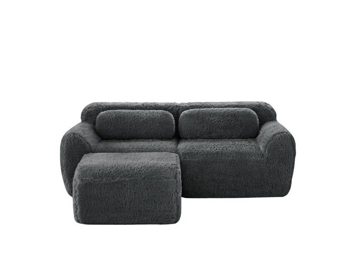 VLIVRA Canapé d'angle modulaire 2 places - avec pouf relié coussins et sans montage - en peluche - gris