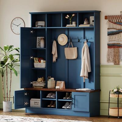 "Farmhouse 3-in-1 Hall Tree with Bench and Storage, 55""W Entryway Coat Rack with Adjustable Shelves"