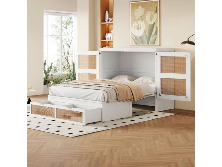 Lit escamotable Mural 140x200 cm avec lattes et tiroirs design rotin Blanc