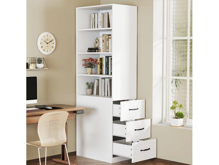 Meubliv Bibliothèque Haute 60x38x180 Cm Blanche – 3 Tiroirs Latéraux\, Étagères Réglables