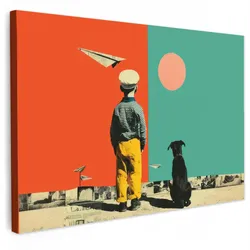 LEINWANDBILD Retro - Junge - Hund - Rot - Grün Gemälde 60x40 cm