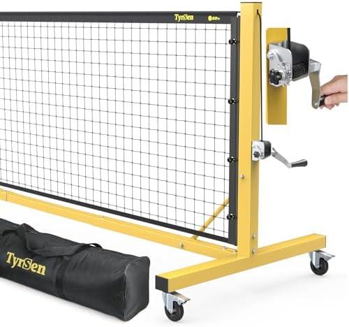 Pickleball-Netz mit 6,7 m Länge, Handkurbel-Spannsystem und Anti-Beschlag-Schutz in Turniergröße für Innen- und Außenplätze, robuster Rahmen, feststellbare Räder, einfacher Aufbau und Tragetasche