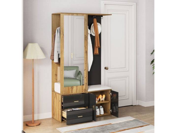 Porte manteau miroir + meuble chaussures + tringle vtements rtractable Noir
