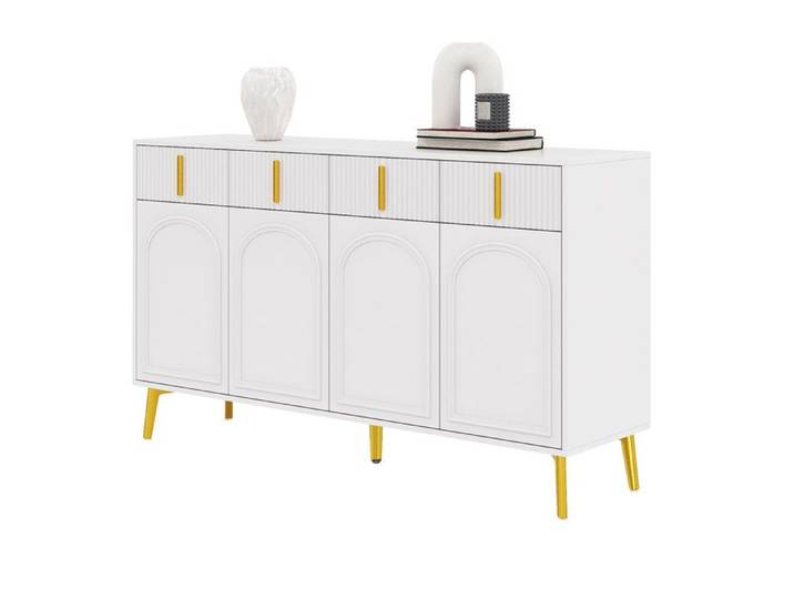 Buffet 160x38x82cm 4 Portes 4 Tiroirs Meuble de Rangement Cuisine Moderne avec Cloison Réglable Blanc