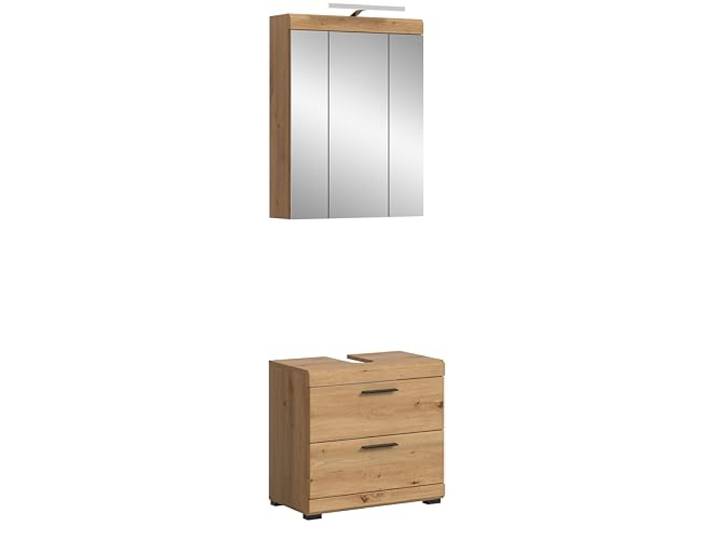 xonox.home – 2 TLG. Badkombination Scout 60x191x34 cm in Artisan & Schwarz – Set aus WBU & Spiegelschrank inkl. Aufsatzleuchte – Modernes & beleuchtetes Badset für eine freundliche Atmosphäre