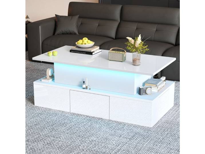 WUVRIE Table basse relevable blanche 100 x 50 x 40 cm 4 tiroirs LED MDF finition brillante