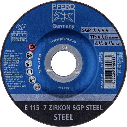 PFERD TOOLS 62211737 E 115-7 ZIRKON SGP STEEL Schruppscheibe gekröpft Durchmesser 115mm Bohrungs-Ø 22.23mm Stahl 10St.