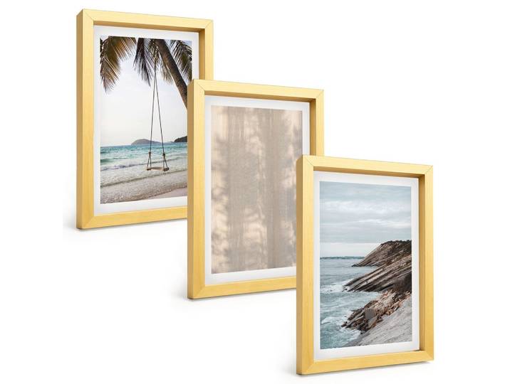 BILDER SET 3er Set - 20x30 cm Goldrahmen - Sommerlicher Sandstrand mit Meerblick