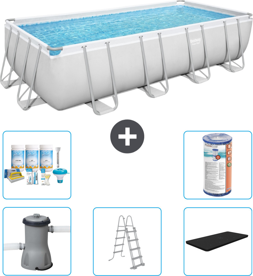 Bestway Rechteckiges Power Steel-Schwimmbecken - 488 x 244 x 122 - Grau, inklusive Pumpe - Leiter - Abdeckung Wartungspaket - Filter