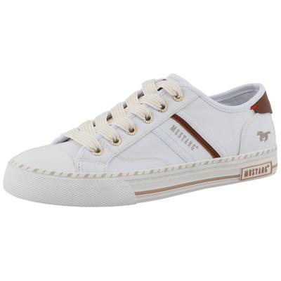 Slip-On Sneaker MUSTANG SHOES "Magdalena", Damen, Gr. 41, Baumwolle, weiß, Schuhe, Slipper, Halbschuh mit Kontrastbesatz und Logoschriftzügen