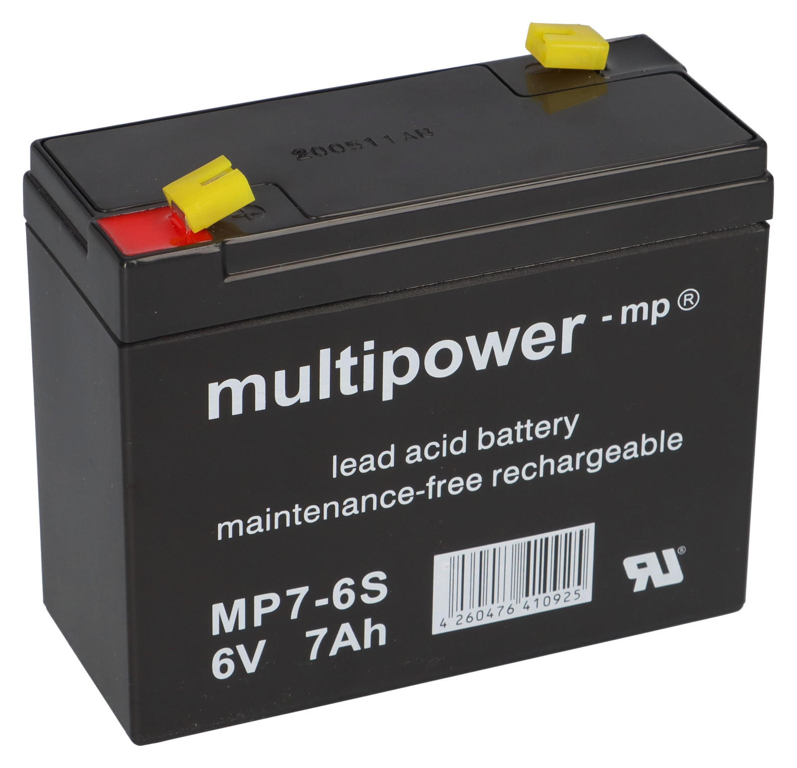 Multipower MP7-6S AGM loodaccu, 6V, 7Ah met F4,8 mm poolaansluiting