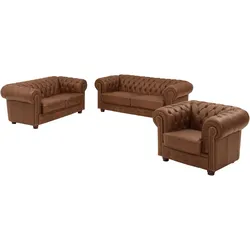 SOFAGARNITUR 3-2-1 Kath Echtleder (Antikoptik) cognac