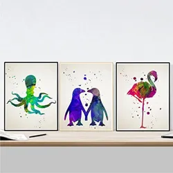 POSTER Set Mit 3 Tintenfisch, Pinguine Und Flamingo Aquarell A3 Rahmenlos