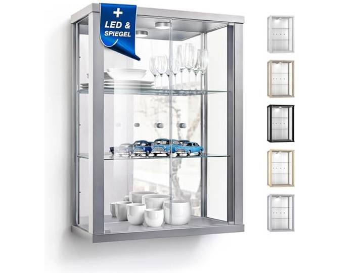 K-Möbel Wandvitrine (80x60x25cm) - Made in Germany - Glasvitrine hängend mit 2 höhenverstellbaren Glasböden aus ESG, Spiegel & LED in Silber/Alu - Schrank mit Glastüren - Hängevitrine