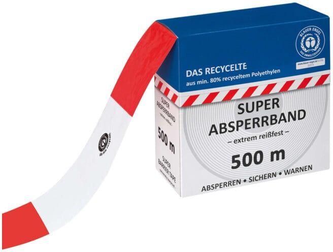 MORION Ruban de signalisation 500 m rouge-blanc certifié Blauer Engel en polyéthylène recyclé ; MORAVIA (330.25.943)