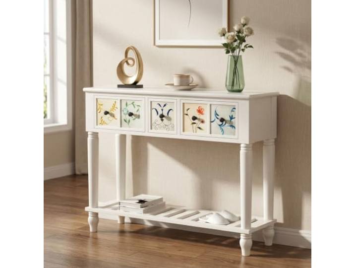 Schmaler Massivholz Konsolentisch mit Schubladen für Flur & Wohnzimmer Massivholzbeine, stabiler Stand, platzsparendes Design, schnelle Montage, vielseitig(White-Patterned,39.4in*11.8in)