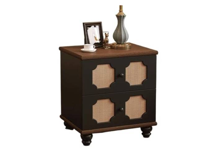 Schlank und platzsparend Moderner Schlafzimmer-Aufbewahrungsschrank Kleiner Retro-Nachttisch aus Massivholz im Vintage-Stil(Beige)