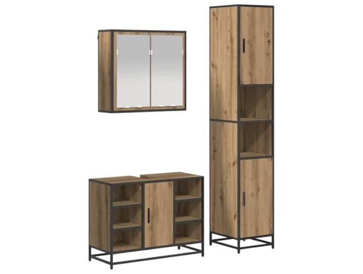 KTHLBRH Badezimmermöbel-Set 3-teilig Eiche handgefertigt Technisches Holz, feuchtigkeitsbeständig, Schrank 1 Meter, bündige Türen, flacher Spiegel, Wandmontage