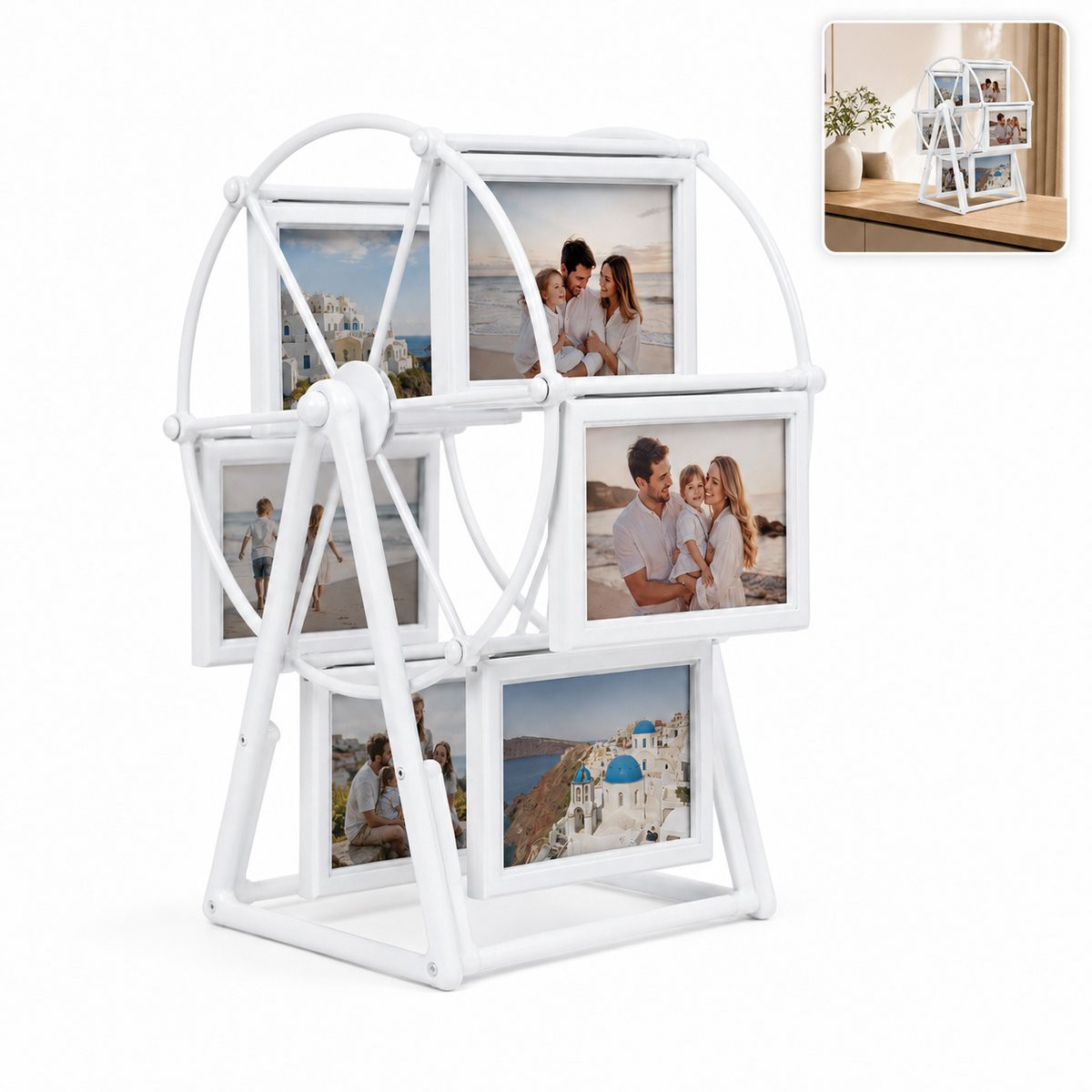 Draaiende Fotolijst voor 12 Foto's – Reuzenrad Fotohouder – Wit – Fotocollage 8,9 x 12,7 cm – Tafelmodel