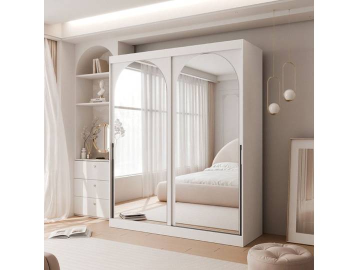 Armoire CLARITY - 7 compartiments - avec miroir - 180x65x215 cm - Poignées blanches / noires
