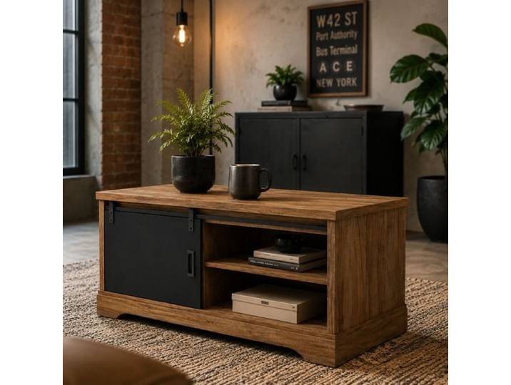 Table basse industrielle rectangle noir et bois 120cm NOVA