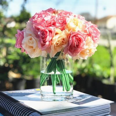 Enova Home Artificial Open Fake Silk Roses Flowers Arrangement in Clear Cylinder Glass Vase with Faux Water for Home Decor