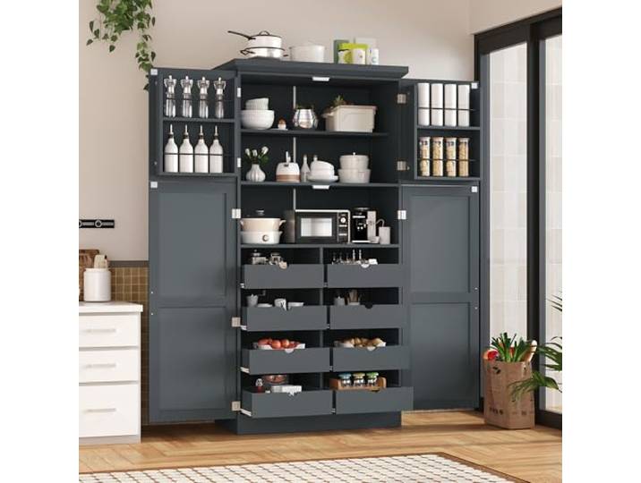twwhyg Moderner großer Küchenschrank mit 6 Türen, Holzschrank(Gray-8.5)