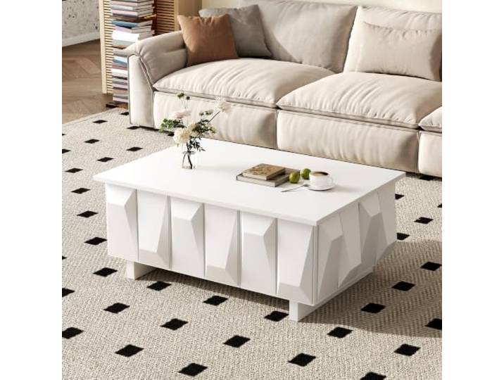BXEYXE Couchtisch mit Stauraum, moderner Wohnzimmertisch aus PB, 3D-Strukturfronten, großzügige Ablagefläche, Schrankfächer mit Türen, für Wohnzimmer