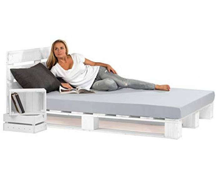 sunnypillow 140x200cm Paletten Bett mt Kopfteil Weiß Bett mt Paletten Massivholz Bett Palettenmöbel Fichte europalette Weiss 80 90 100 120 140 160 180 200 220 240x200cm