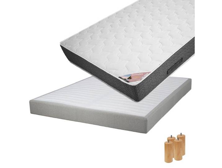 BERMUDES - Pack Matelas 140x190 + Sommier Tapissier Démontable 2x20 Lattes Lin + Pieds Bois 15cm