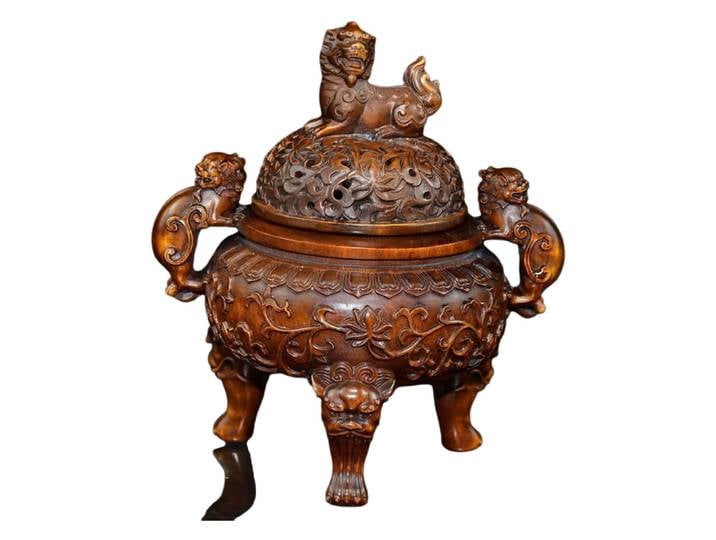 Brûleur d'encens Vintage en bois sculpté à la main chinois bête mythique Foo chien encensoir Protection Purification tranquilité