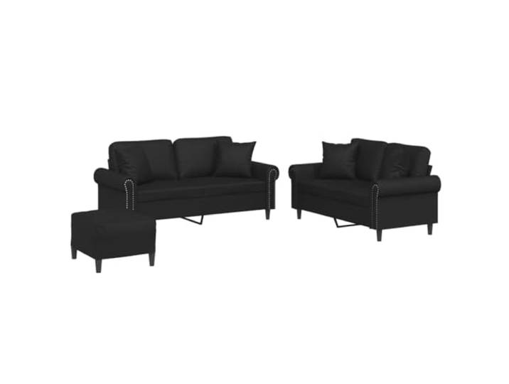 Todiikf 3-Teilige Sofagarnitur mit Hocker & Kissen Schwarz Kunstleder Moderne Couchgarnitur für Wohnzimmer und Büro, inklusive bequemem Fußhocker und 4 passenden Zierkissen.