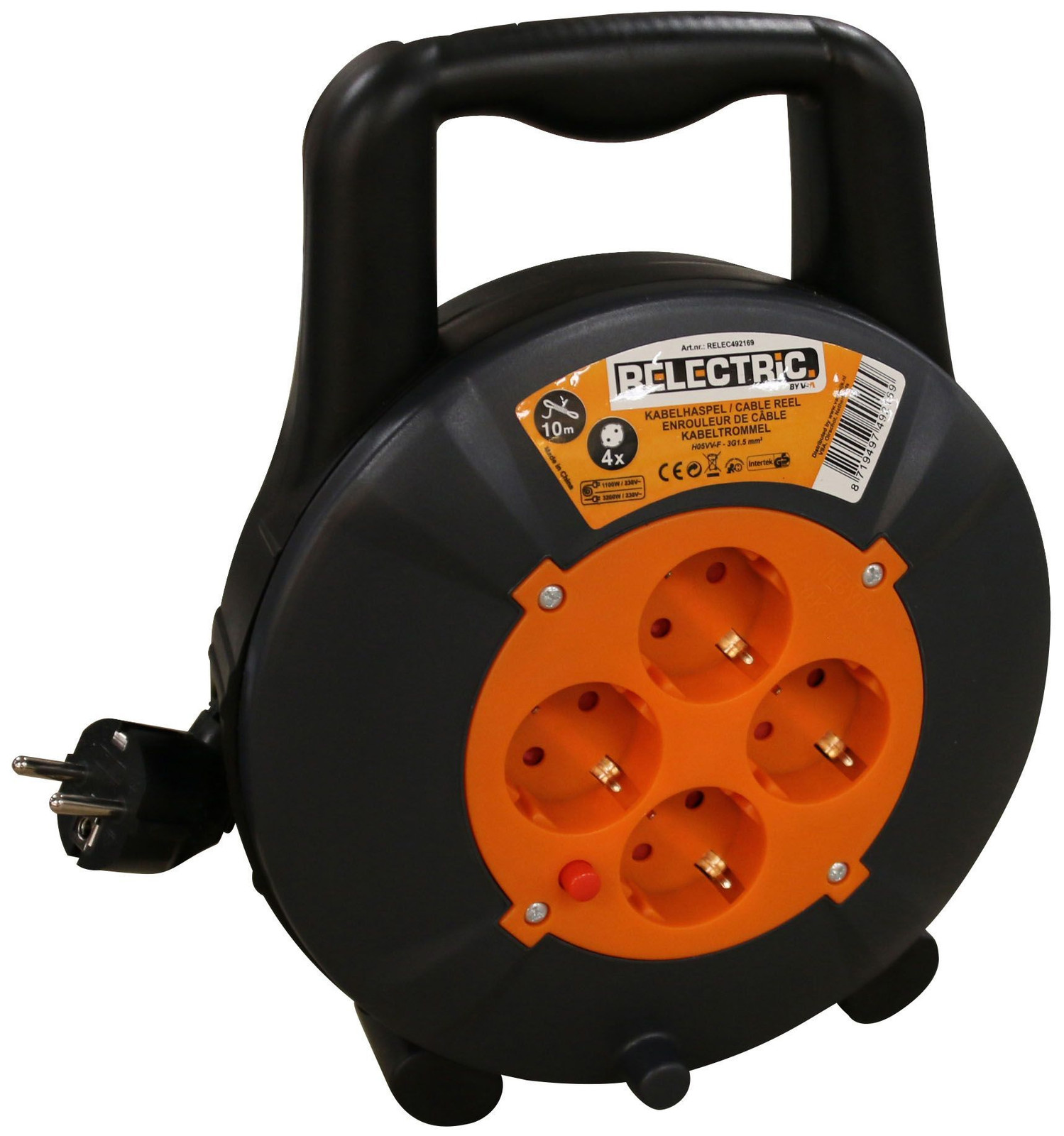 Relectric kabelhaspel met 4 stopcontacten en 10 meter kabel H05VV-F 3G1.5mm2