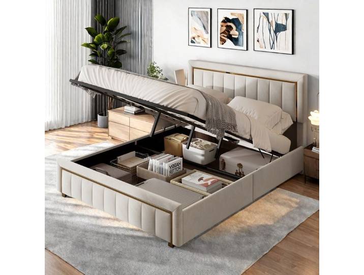 lit 140x200 avec sommier et coffre Cadre de Lit pour 2 Personne lit capitonné avec levier hydraulique velours beige