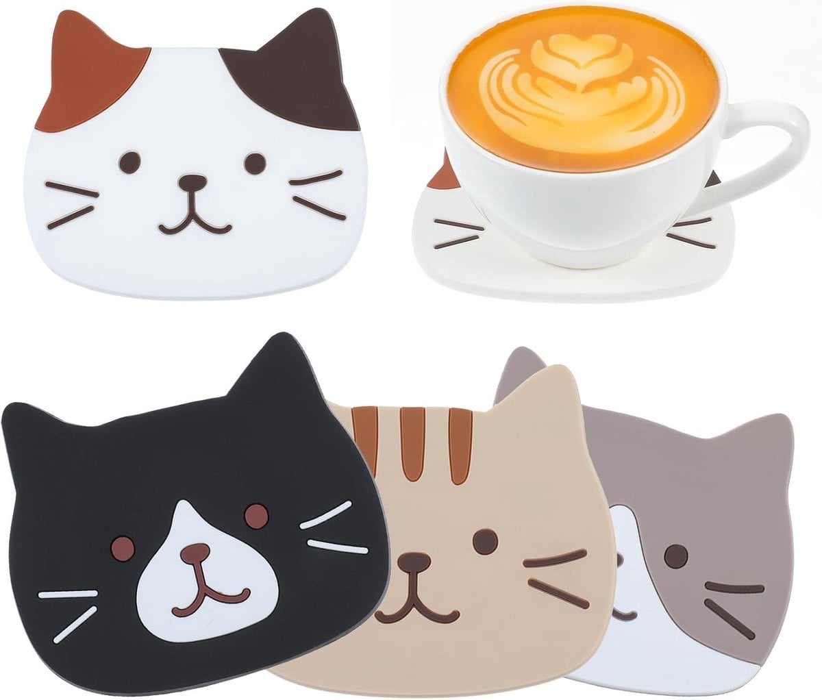 Set van 4 siliconen onderzetters voor katten - Decoratieve antislip onderzetters voor glazen - Warmtebestendige bescherming voor tafel en meubels