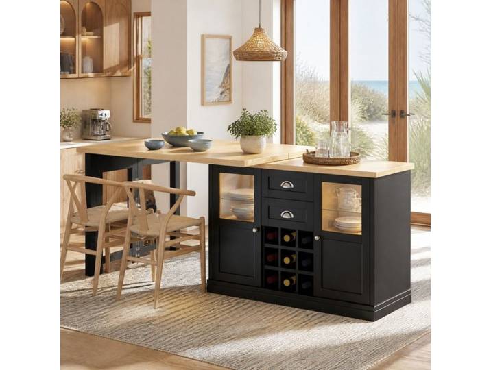Table à manger extensible pivotante 360° IVMEU LED 3 couleurs rangements intégrés MDF noire