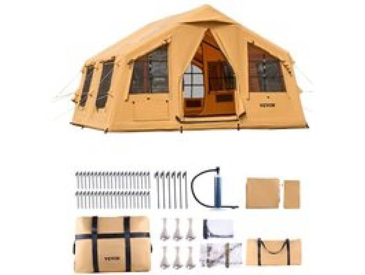 VEVOR Aufblasbares Zelt für Camping 8-12 Personen mit Handpumpe, 4,8x3,6x2,2 m Glamping-Zelt mit 2 Oberlichtern, Baldachin, Ofenanschluss, 2 Türen & Netzfenstern, Aufbewahrungstasche