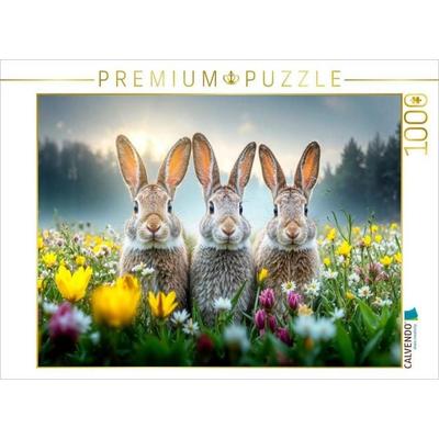 CALVENDO Puzzle Drei Hasen genießen die ersten warmen Sonnenstrahlen auf einer bunten Blumenwiese | 1000 Teile Lege-Größe 64x48cm Foto-Puzzle für