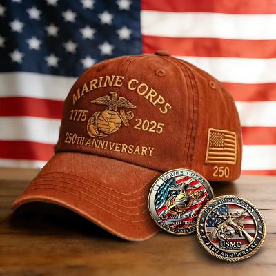 LightInthebox Honoring 250th USMC Retro Washed Baseball Cap with 2 Pcs Commemorative Coins, Vintage Embroidered United States Marines Corps 250th Anniversary Hat, Patriotic Gift for Men