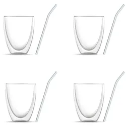 BEM 8-er Gläser Set: 4 x Doppelwandige Cappuccino Eiscafe Kaffeegläser Teegläser, für heiße und kalte Getränke (je 330 ml) und 4 x Glasstrohhalme