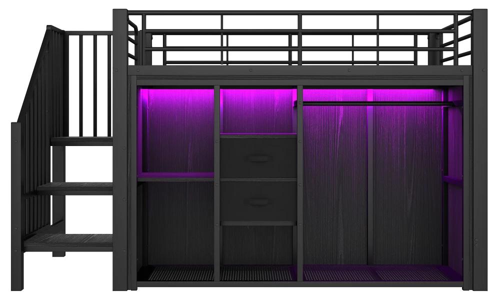 Etagenbett - 90 x 200 cm - 2 Schubladen - Offener Kleiderschrank - Mehrfarbige LED-Beleuchtung - Ohne Matratze - Schwarz