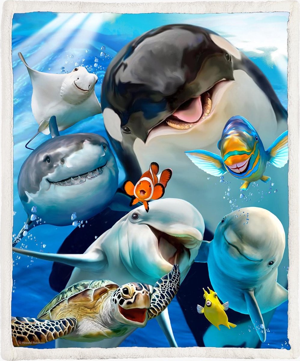 The Coloured House Ocean Selfie Vissen Orka Fleece Deken voor volwassenen, 130 x 150 cm