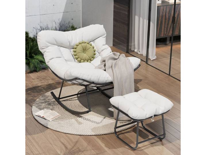 JoyGarden Fauteuil œuf à bascule XXL de jardin avec ottoman – Résine tressée pour patio/balcon/terrasse/véranda – Noir/Blanc