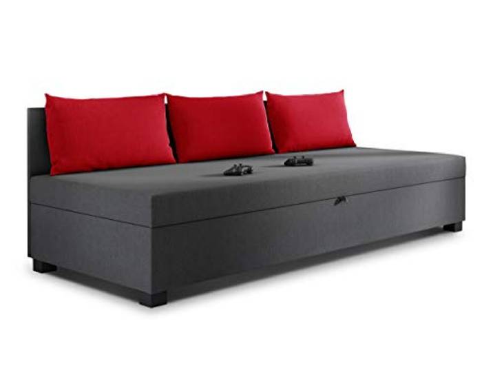 Sofnet - Schlafsofa Misti III mit Kissen (Graphit + Rot, Lux 06 + 14) Einzelbett, Sofa mit Bettkasten, Bettsofa, Komfortbett, Bettgestell, Jugendzimmer, Schlafmöbel, Strukturstoff